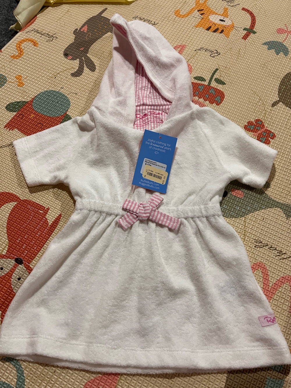 Ruffle Butts White Terry Hooded Dress with Pink Striped Bow